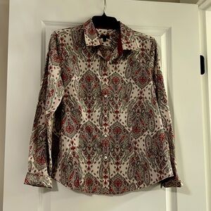 Women’s button up-long sleeve dress shirt with paisley design. Size 12